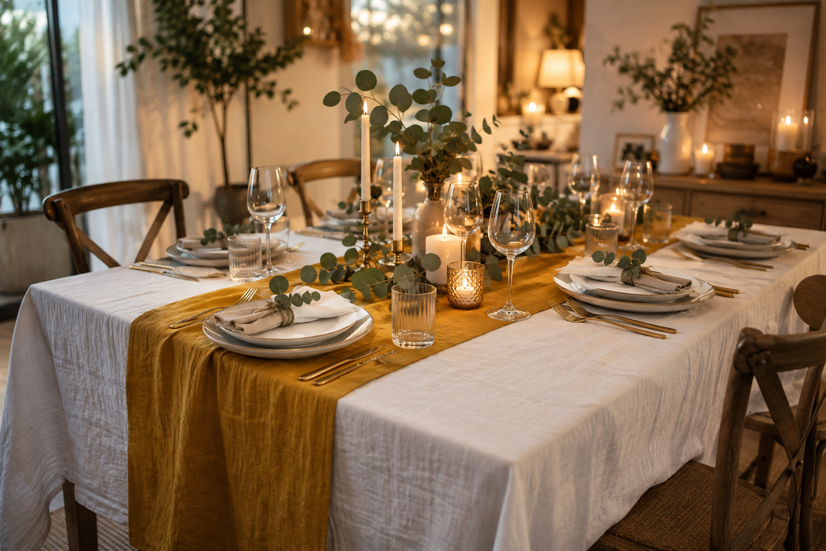 White linen tablecloth with mustard yellow table runner, eucalyptus greenery and candles for elegant dinner setting