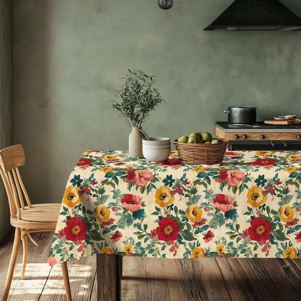 Vintage French Provance Floral Print 100% Linen Tablecloth 140x250