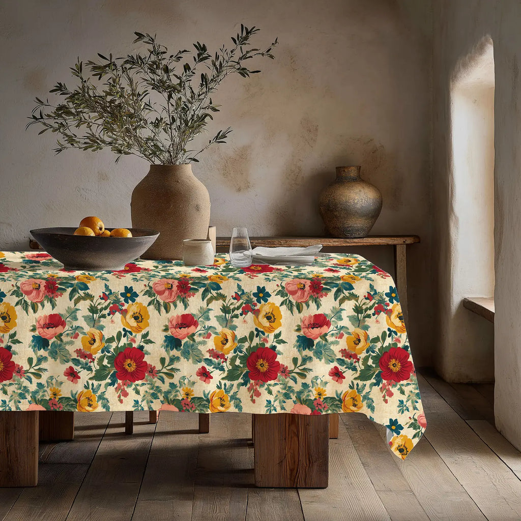 Vintage French Provance Floral Print 100% Linen Tablecloth 140x250
